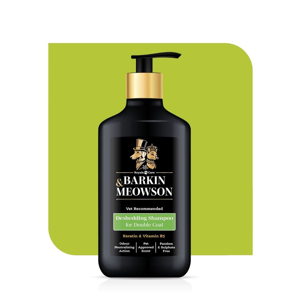 Barkin Meowson deshedding shampoo bottle on a green background