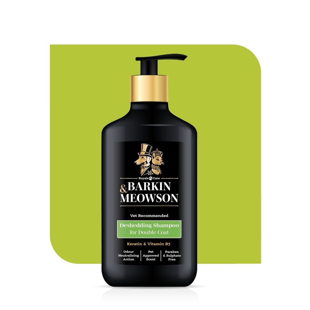 Barkin Meowson deshedding shampoo bottle on a green background