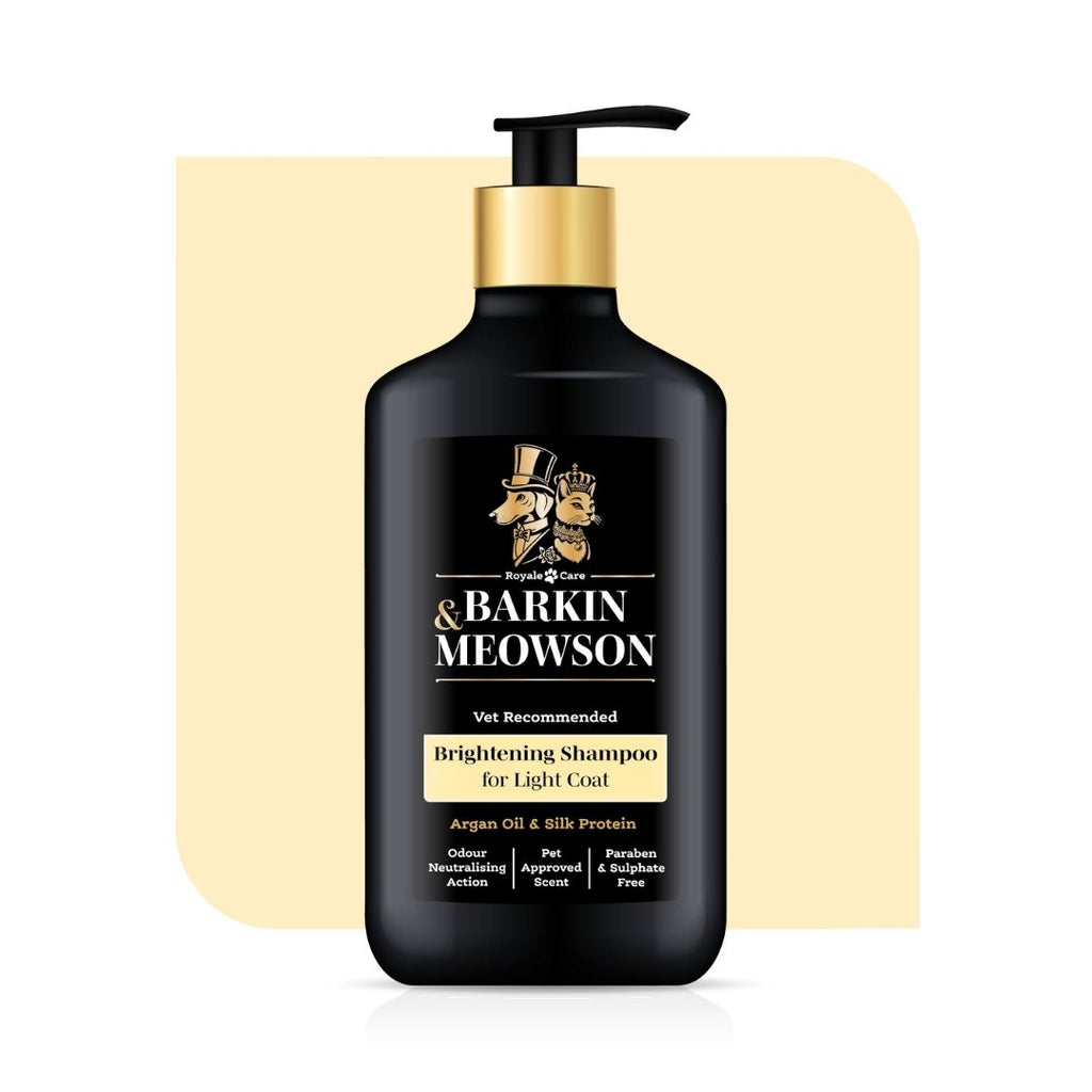 Barkin Meowson shampoo bottle on a beige background