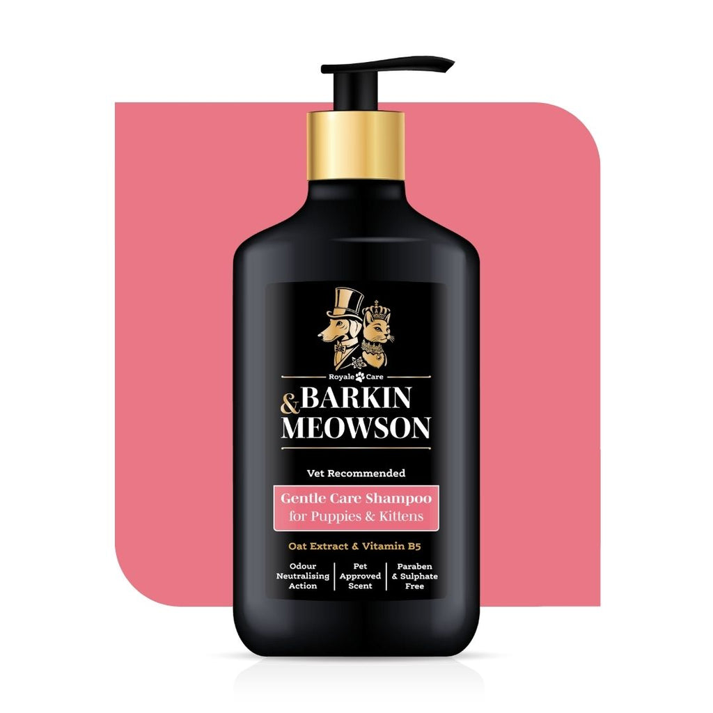 Barkin' Meowson shampoo bottle with gold pump on a pink background