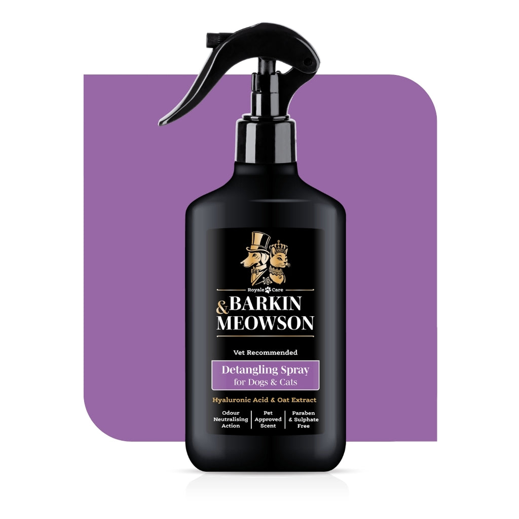 Black bottle of Barkin & Meawson detangling spray for pets on a purple background