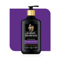 Barkin Meowson detangling shampoo bottle with gold pump on a purple background
