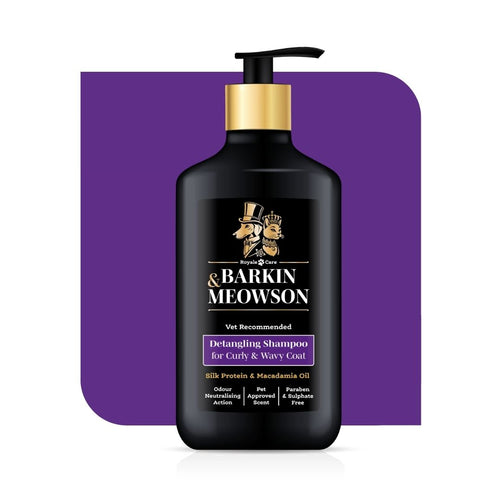 Barkin Meowson detangling shampoo bottle with gold pump on a purple background