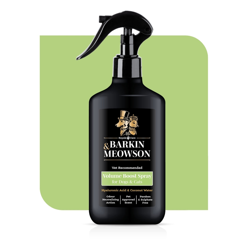 Black spray bottle labeled 'Barkin & Meowson' on a green background