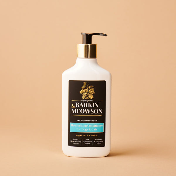 Barkin Meowson pet shampoo bottle on a beige background