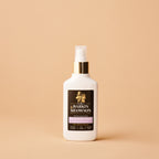 White bottle with a black label on a beige background