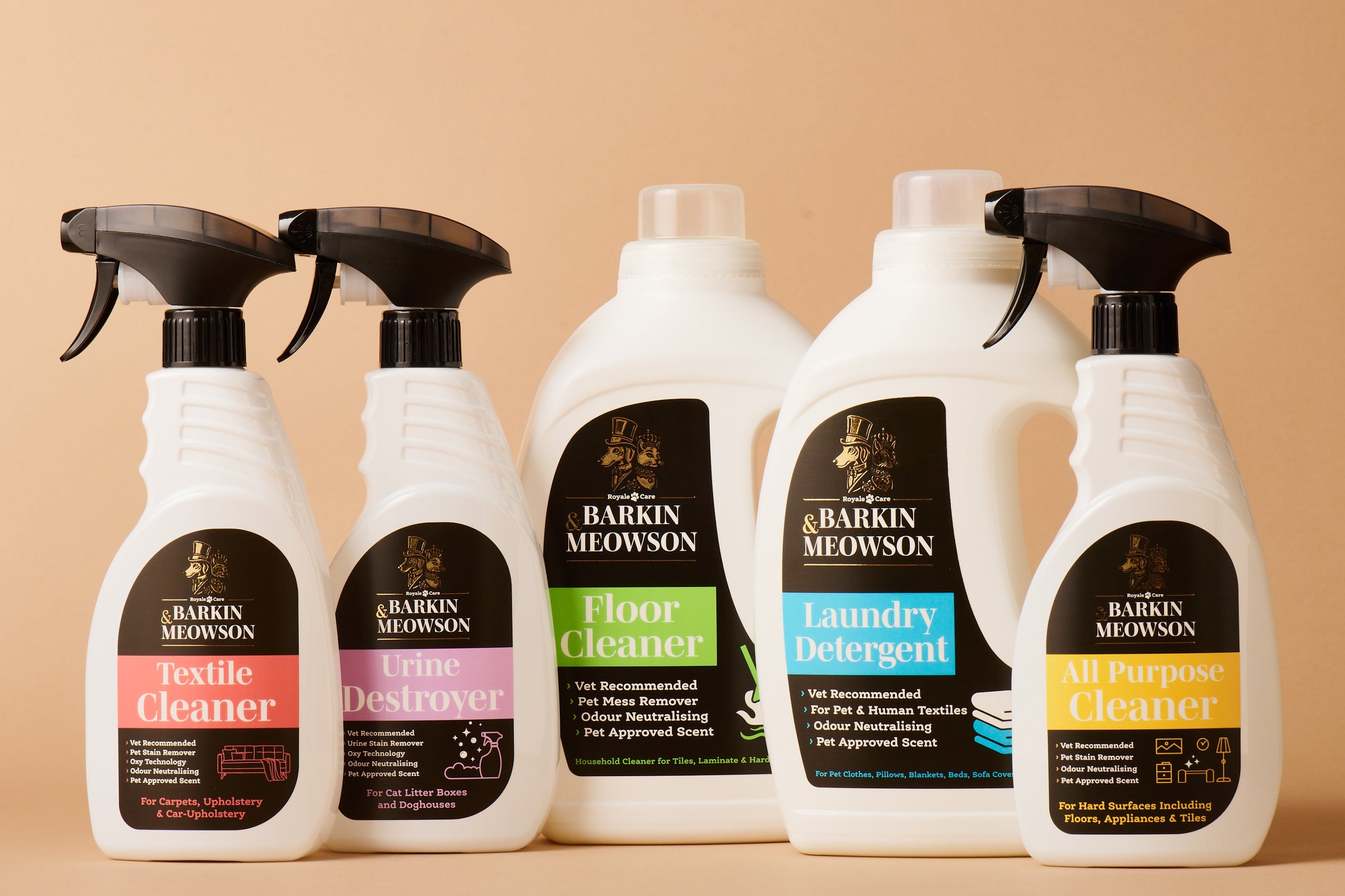 Set of Barkin & Meowon cleaning products on a beige background