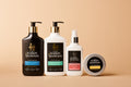 Four Barkin Meowson pet grooming products arranged on a warm beige background: a black pump bottle, a white pump bottle, a white spray bottle, and a round tin with the brand name visible on the labels.