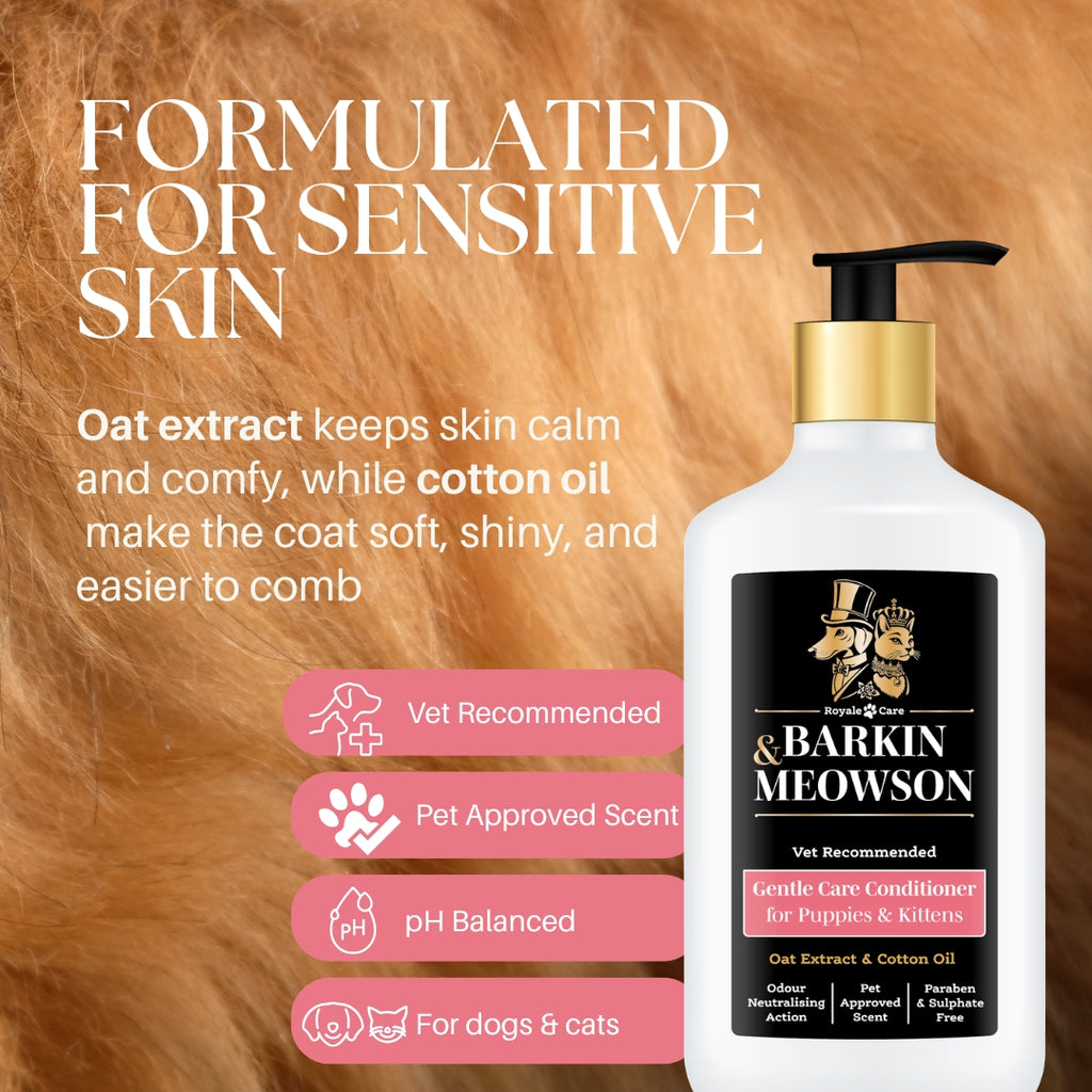 Barkin Meowson pet conditioner bottle with text about sensitive skin formulation and benefits on a fur background.