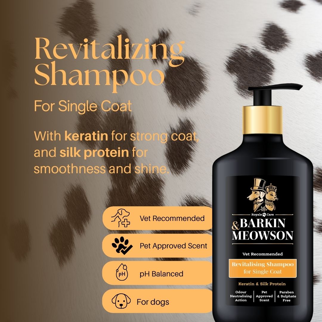 Barkin' Meowson revitalizing shampoo bottle with product details on a dog coat background