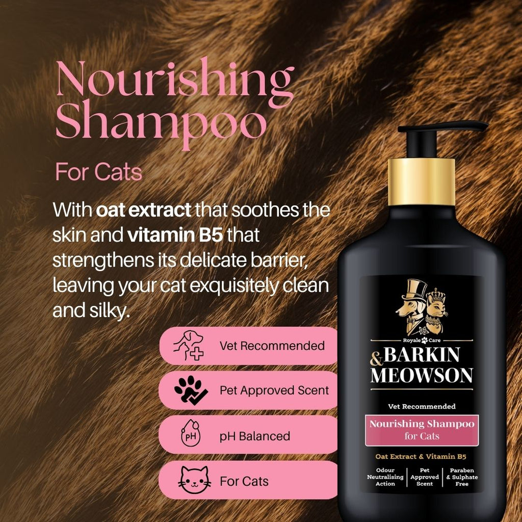 Barkin' Meowson Nourishing Shampoo for cats with product details on a brown fur background