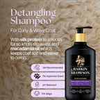 Barkin Meowson detangling shampoo for dogs with text on a background of curly fur.