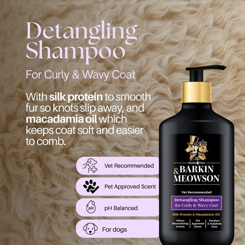 Barkin Meowson detangling shampoo for dogs with text on a background of curly fur.