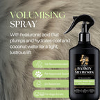 Barkin' Meowson volumising spray for dogs and cats with product details on a gray background.