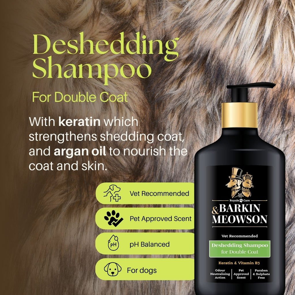 Barkin Meowson deshedding shampoo bottle with product details on a fur background