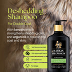 Barkin Meowson deshedding shampoo bottle with product details on a fur background