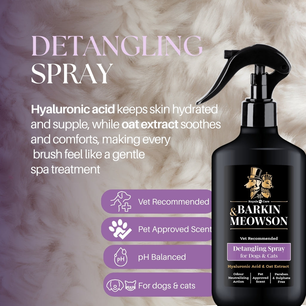 Barkin' Meowson detangling spray for pets with product details on a textured background