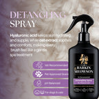 Barkin' Meowson detangling spray for pets with product details on a textured background