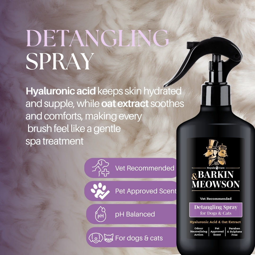 Barkin' Meowson detangling spray for pets with product details on a textured background