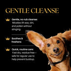 Dog with text about 'Gentle Cleanse' product features on a black background