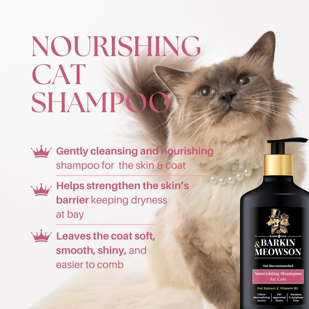 Barkin' & Meowson cat shampoo with a cat and product details on a white background