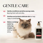 Cat with a bottle of Barking Mad shampoo and conditioner on a white background