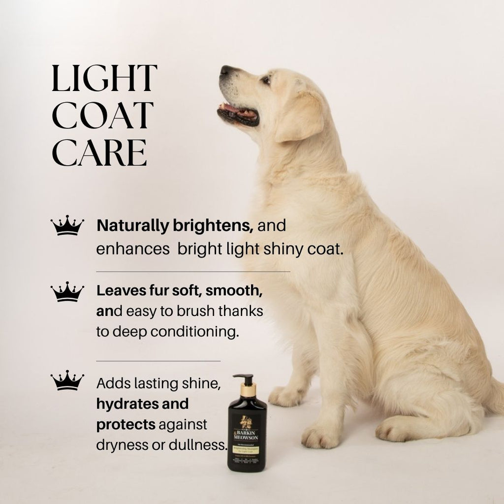 Dog with light coat care product and text on a white background