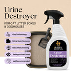 Barkin & Meowson Urine Destroyer spray bottle with features listed next to a litter box on a beige background.