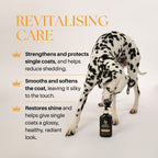 Dalmatian dog with a bottle of pet care product on a light background, featuring text about product benefits.