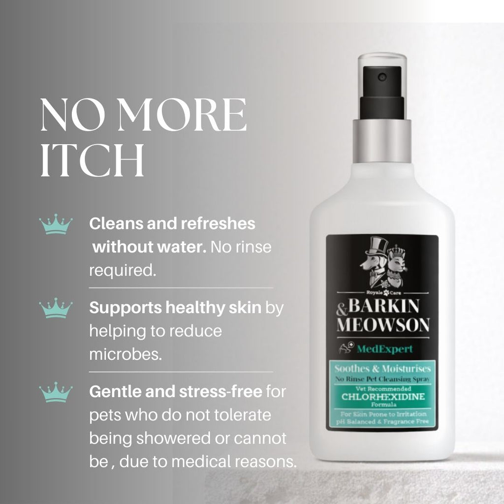 Barkin & Meowson pet cleaning spray bottle with product features on a gray background