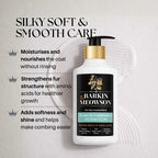 Barkin & Meowson pet conditioner bottle with product features on a light gray background