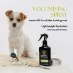 Dog with grooming products and a bottle labeled 'Barkin' on a white background