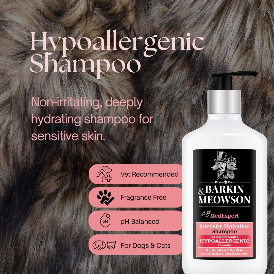 Barkin' Meowson shampoo bottle with fur background and product features.