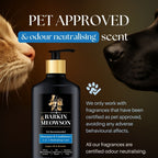 Barkin' Meowson pet shampoo bottle with a cat and dog sniffing it, on a dark background.