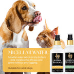 Dog and cat with Barkin & Meowson micellar water bottles on a white background