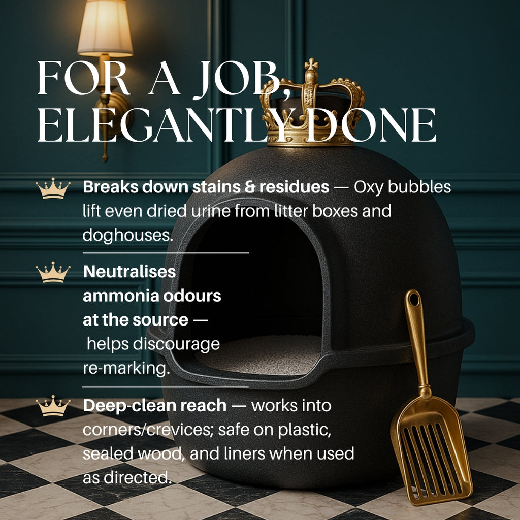 Pet house with a crown on top, accompanied by cleaning product features on a checkered floor.