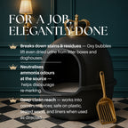 Pet house with a crown on top, accompanied by cleaning product features on a checkered floor.