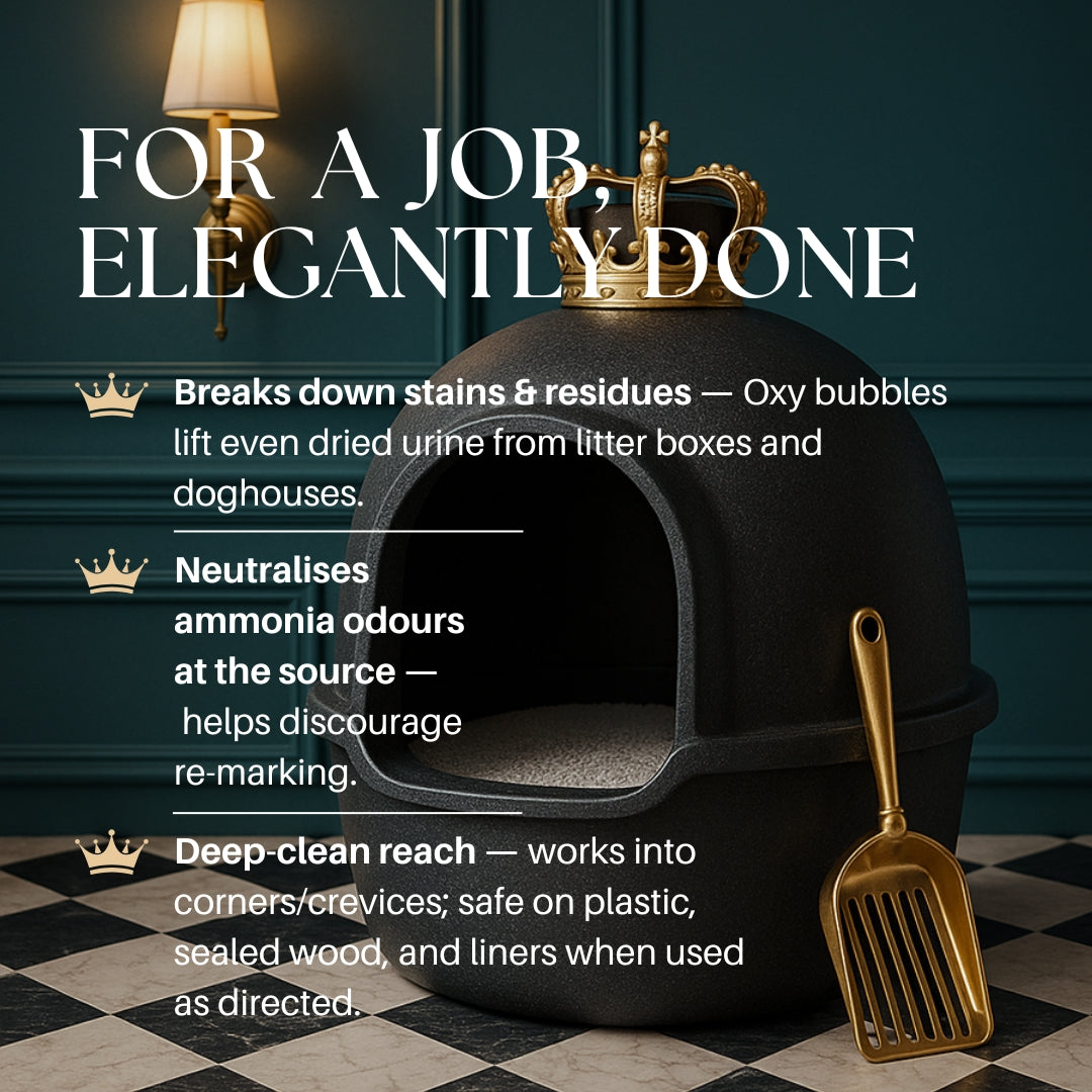 Pet house with a crown on top, accompanied by cleaning product features on a checkered floor.