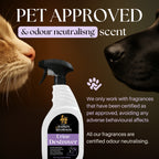 Bottle of Barkin & Meowson Urine Destroyer with a cat and dog sniffing each other on a brown background.