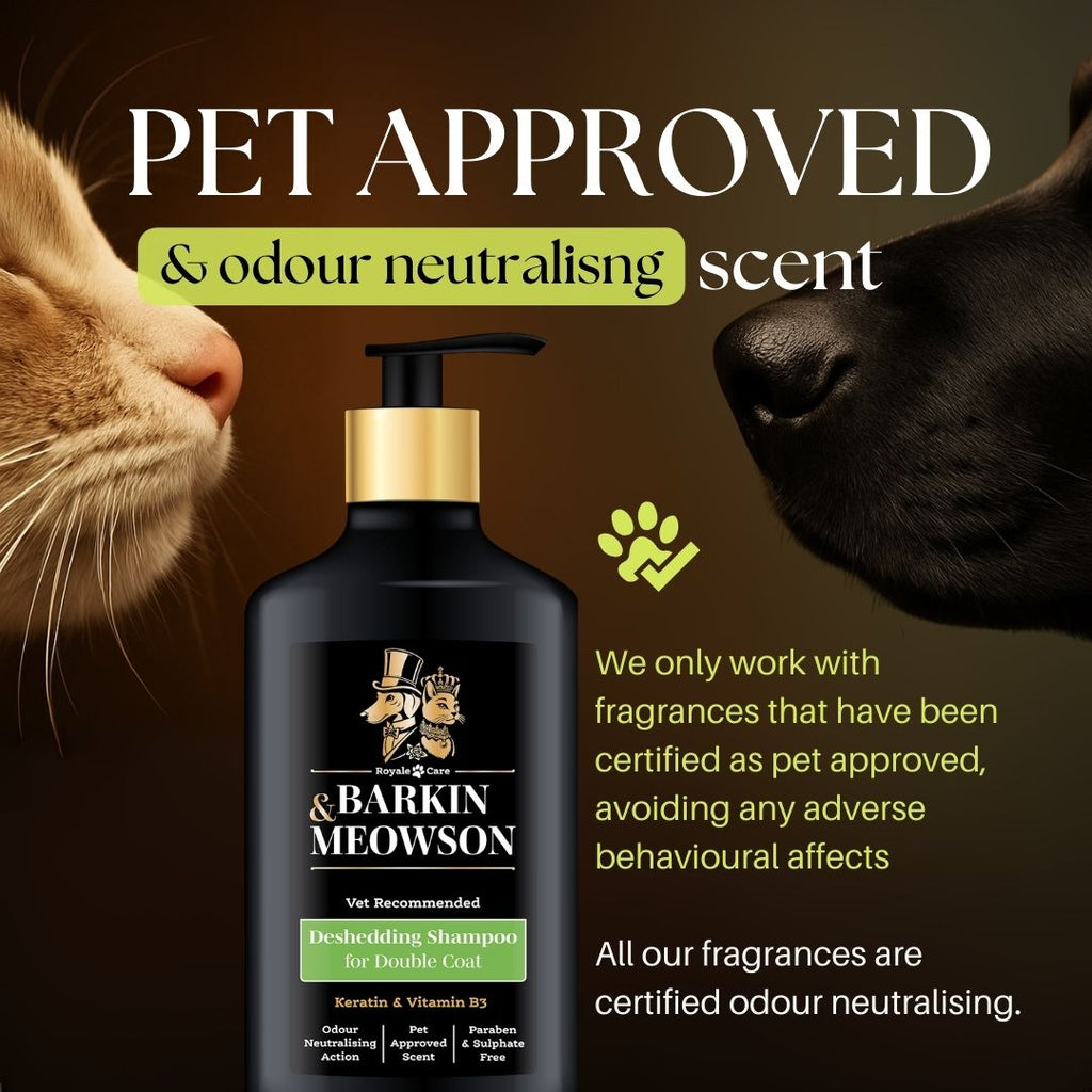 Barkin' Meowson shampoo bottle with a cat and dog sniffing it, on a brown background.