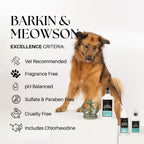 Dog with Barkin & Meowson pet care products and brand criteria listed on a white background