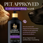 Barkin Meowson shampoo bottle with a cat and dog sniffing each other on a dark background