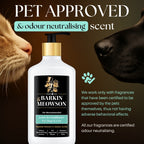 Barkin Meowson pet shampoo bottle with a cat and dog sniffing it, on a dark background.