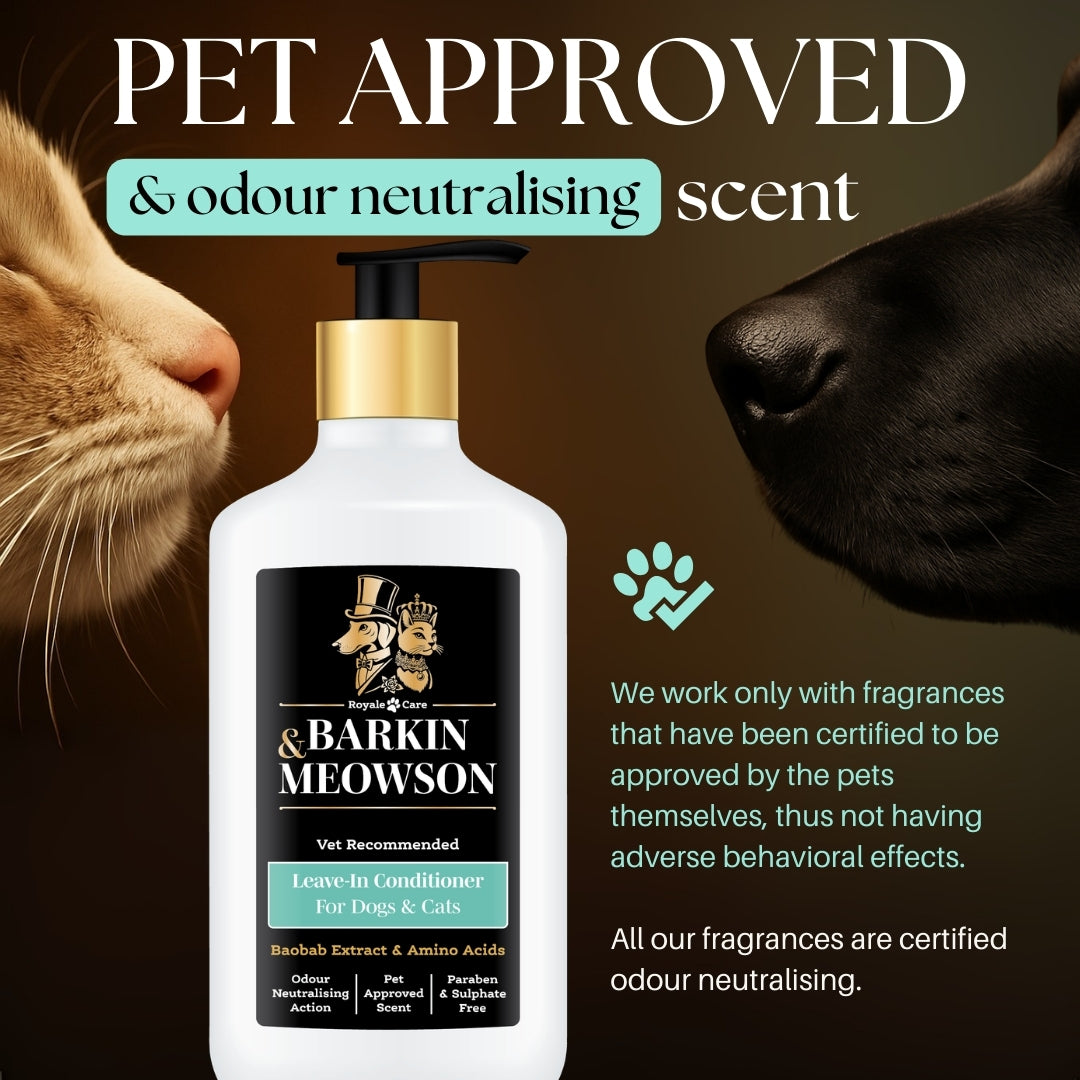 Barkin Meowson pet shampoo bottle with a cat and dog sniffing it, on a dark background.