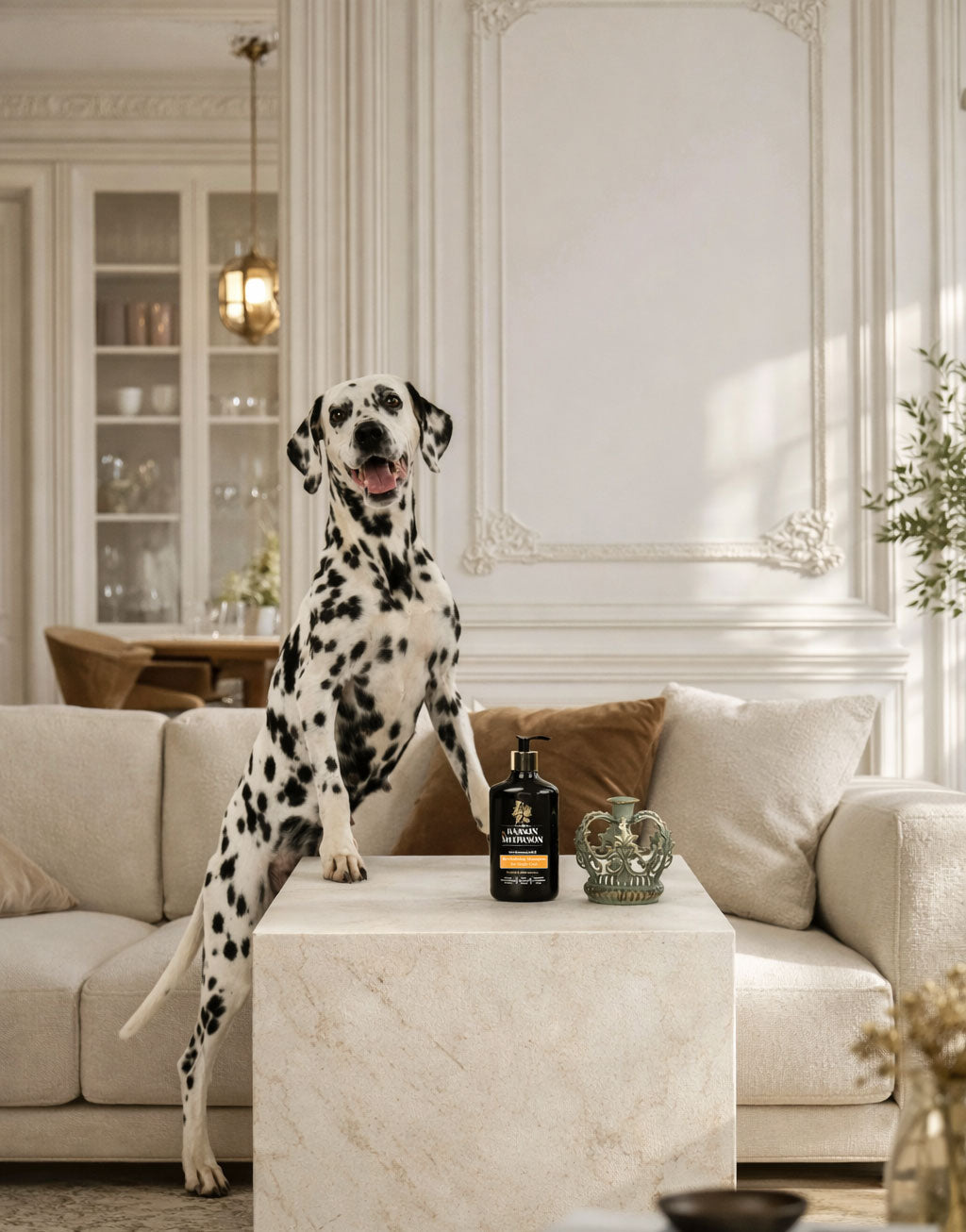 Dalmatian dog sitting on a coffee table with a bottle of Johnnie Walker Blue Label whisky in a luxurious living room.