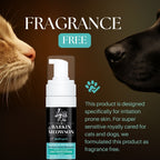 Barking & Meowson shampoo bottle with a cat and dog sniffing it, on a dark background.