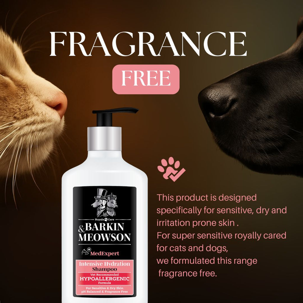 Barkin Meowson shampoo bottle with a cat and dog on a brown background